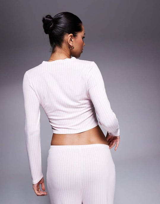 Kaiia Exclusive button through bow v neck pyjama top co-ord in pink stripe - Image 2