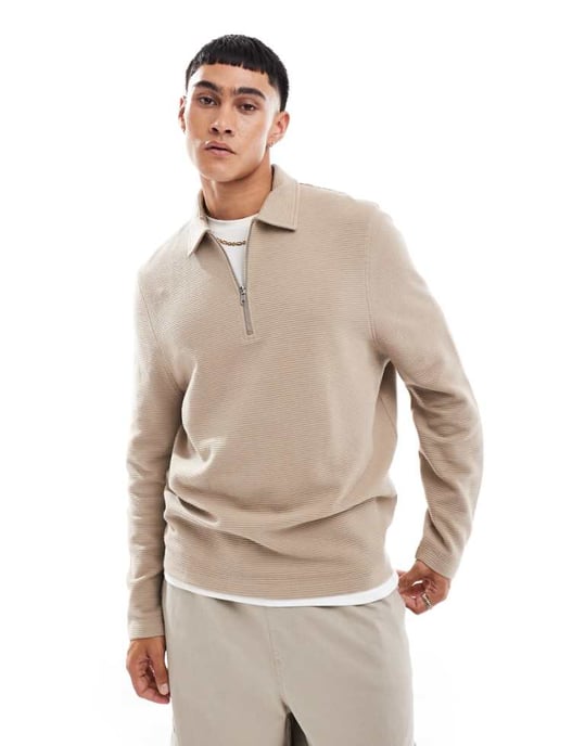 ASOS DESIGN kvartslång dragkedja ribbad krage sweatshirt i sten - Image 1