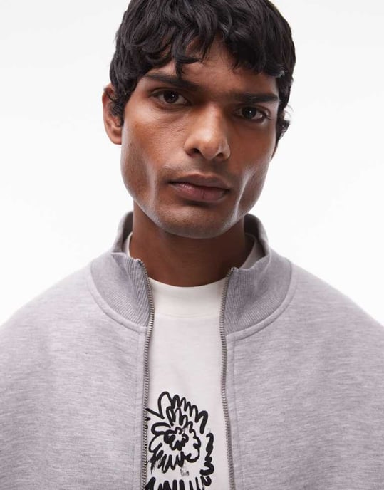 Topman oversized fit heavyweight full zip through in grey marl in scuba-style fabric - Image 4