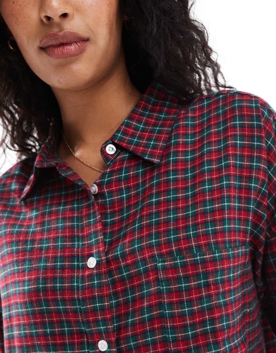 Cotton On avslappnad flanell pyjamaströja i röd mikro rutigt set - Image 3