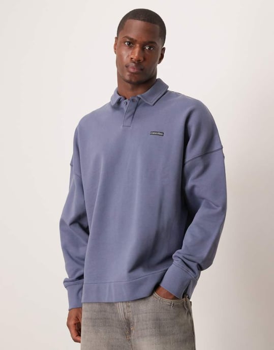 Calvin Klein Jeans label logo rugby shirt in steel blue - Image 1