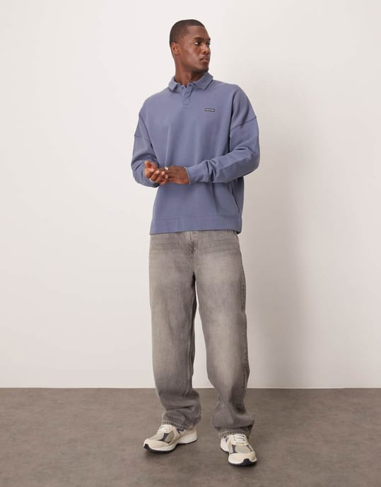 Calvin Klein Jeans label logo rugby shirt in steel blue - Image 3