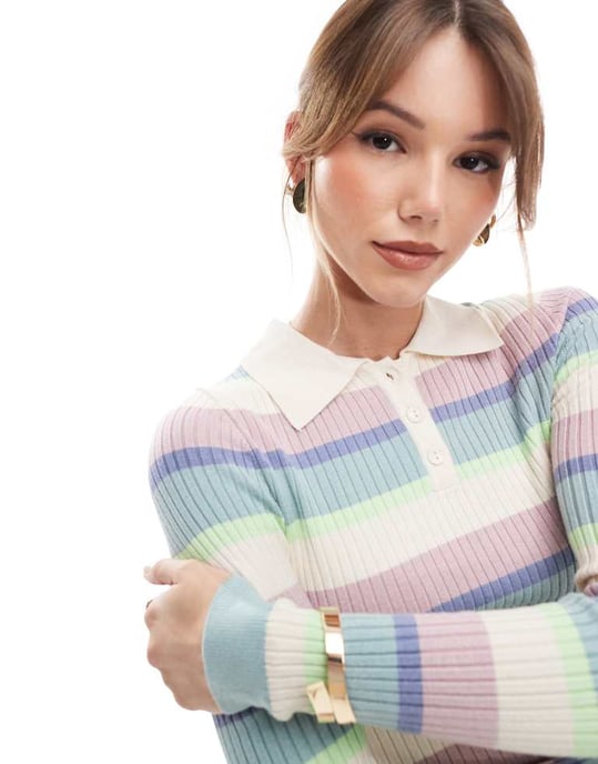 ONLY cropped knitted polo in pastel stripes - Image 3