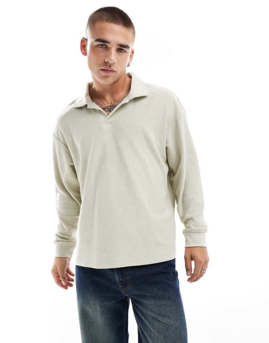 Cotton On texturerad rugbypolo i elfenben - Image 1