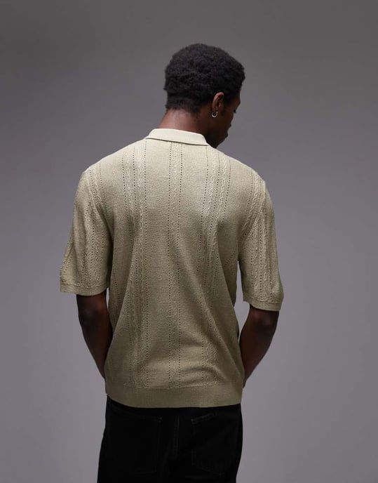 Topman stickad kortärmad 1/4 dragkedja texturerad polo-tröja i salvie - Image 3