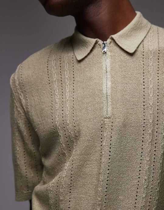 Topman stickad kortärmad 1/4 dragkedja texturerad polo-tröja i salvie - Image 4