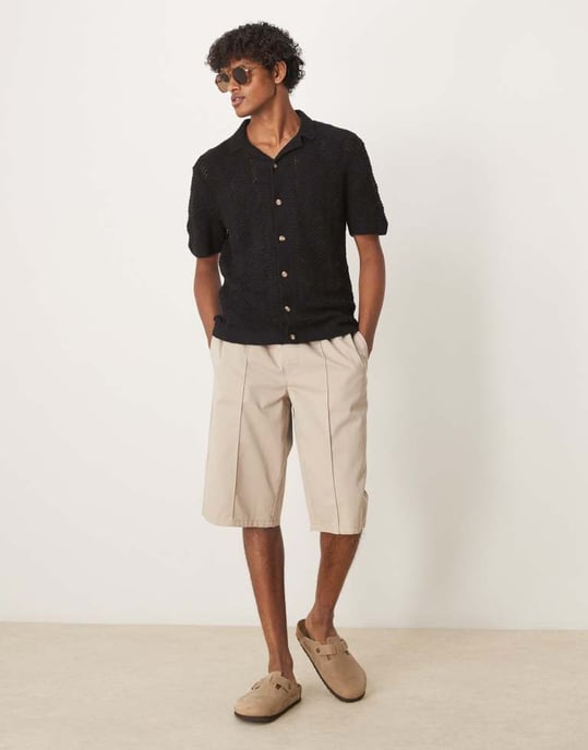 Abercrombie & Fitch short sleeve crochet button through polo in black - Image 2
