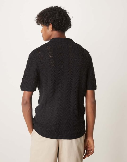 Abercrombie & Fitch short sleeve crochet button through polo in black - Image 4