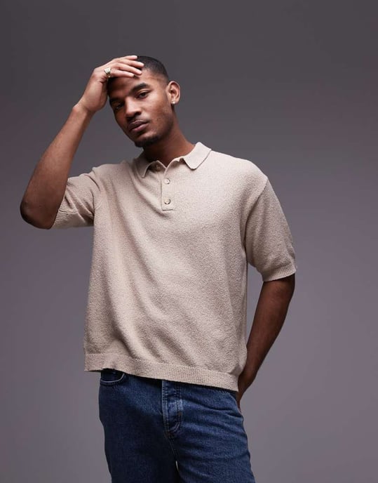 Topman knitted button through boucle shirt in stone - Image 3