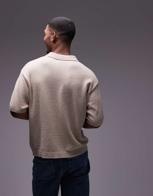 Topman knitted button through boucle shirt in stone - Image 4