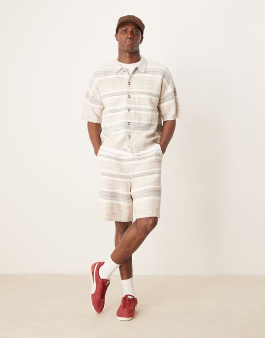 ASOS DESIGN relaxed knitted button through space dye polo co-ord in beige - Image 2