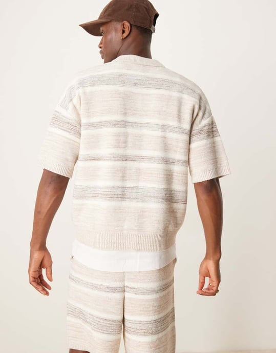 ASOS DESIGN relaxed knitted button through space dye polo co-ord in beige - Image 3