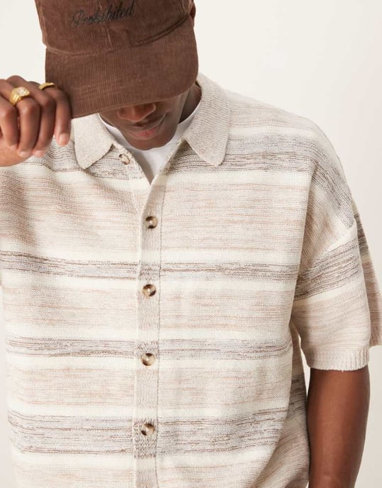 ASOS DESIGN relaxed knitted button through space dye polo co-ord in beige - Image 4