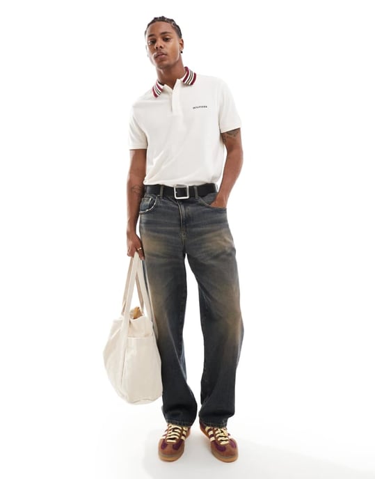 Tommy Hilfiger striped collar polo shirt in off white - Image 2