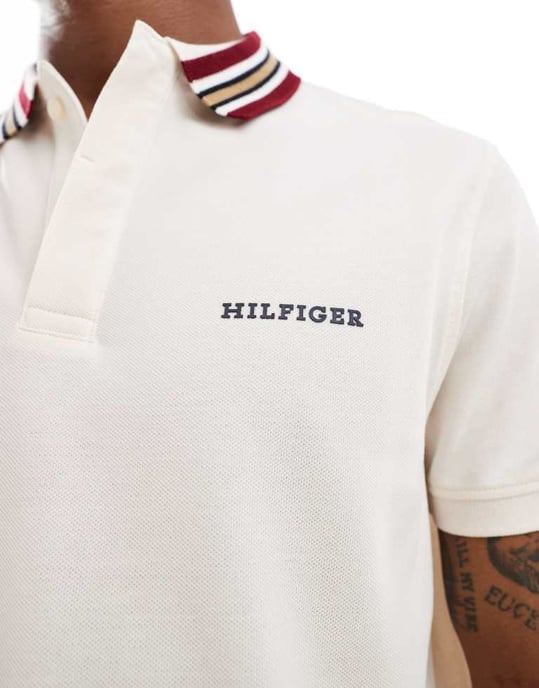 Tommy Hilfiger striped collar polo shirt in off white - Image 3