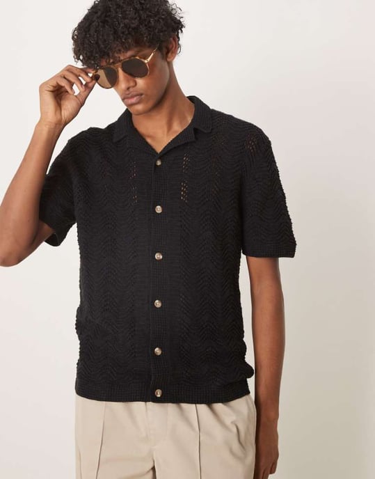 Abercrombie & Fitch kortärmad virkad knapp-up polo i svart - Image 1
