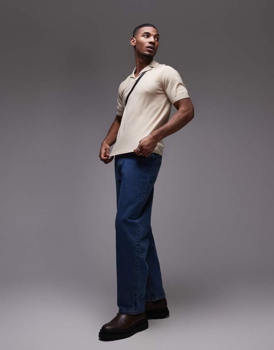 Topman short sleeve knitted open revere shirt in stone - Image 2