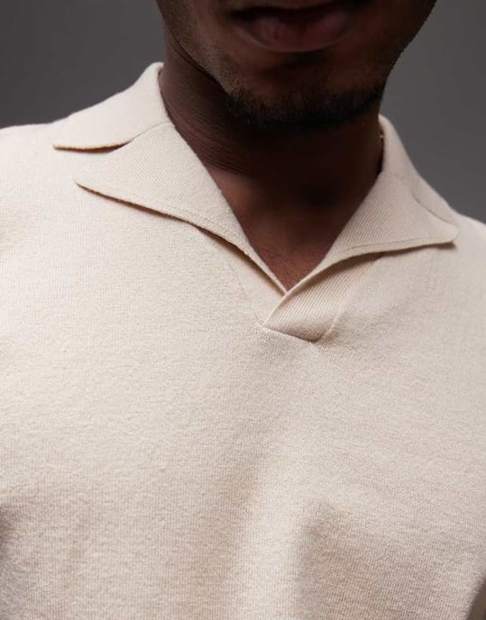 Topman short sleeve knitted open revere shirt in stone - Image 3