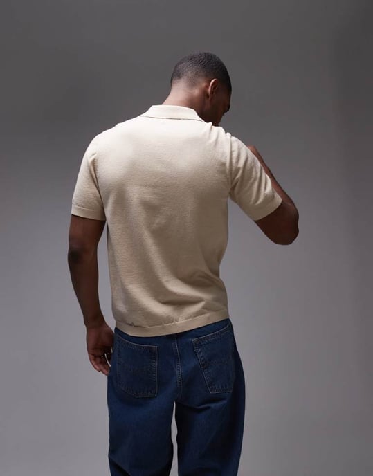 Topman short sleeve knitted open revere shirt in stone - Image 4