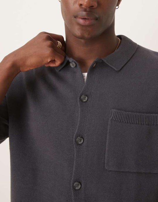 ASOS DESIGN relaxed midweight knitted cotton button through polo in charcoal - Image 2