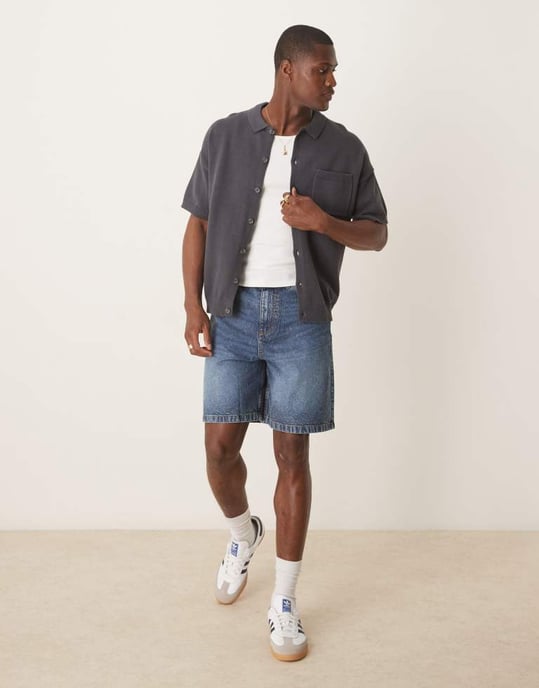 ASOS DESIGN relaxed midweight knitted cotton button through polo in charcoal - Image 3
