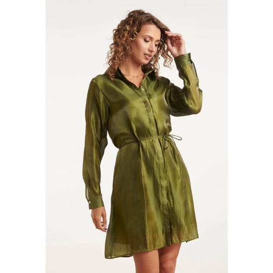 Smashed Lemon Glanzende midi-jurk met taillekoord | - Image 4