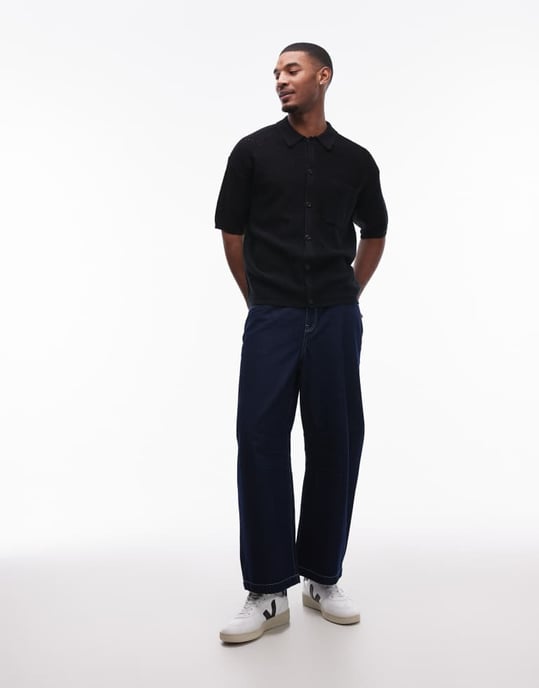 Topman knitted pattern crochet shirt with pocket detail in black - Image 2
