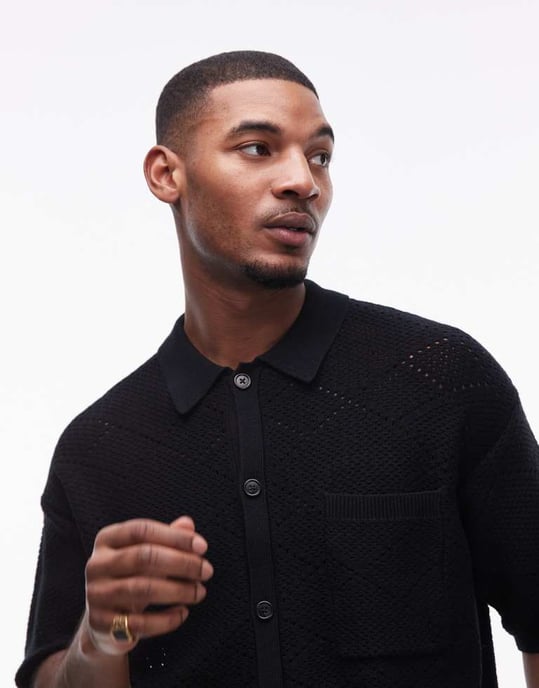 Topman knitted pattern crochet shirt with pocket detail in black - Image 3