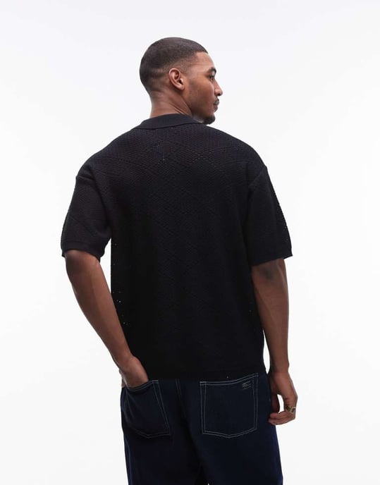 Topman knitted pattern crochet shirt with pocket detail in black - Image 4