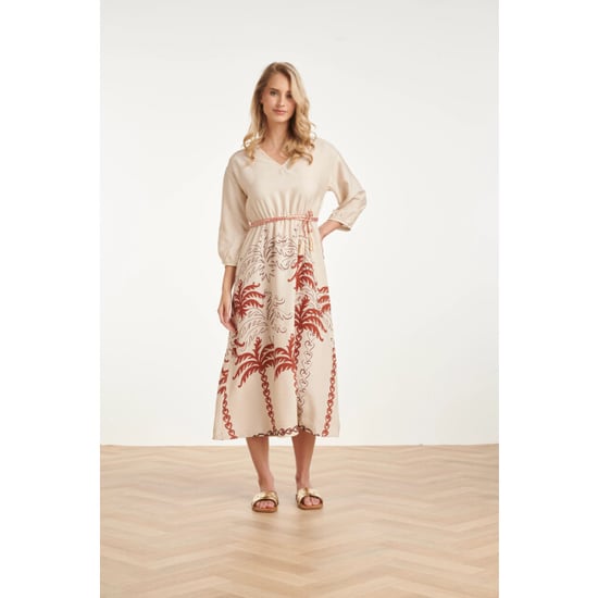 Smashed Lemon Maxi-jurk met roest en zand palm print en tassel-ceintuur | - Image 4