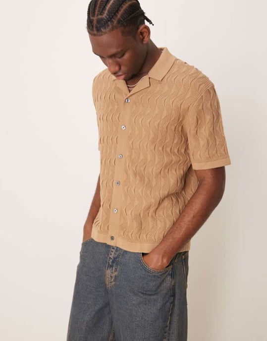 Abercrombie & Fitch short sleeve knit resort button through polo in brown - Image 1