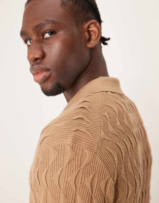 Abercrombie & Fitch short sleeve knit resort button through polo in brown - Image 3