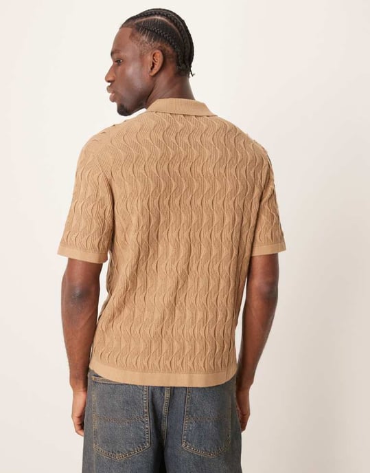 Abercrombie & Fitch short sleeve knit resort button through polo in brown - Image 4