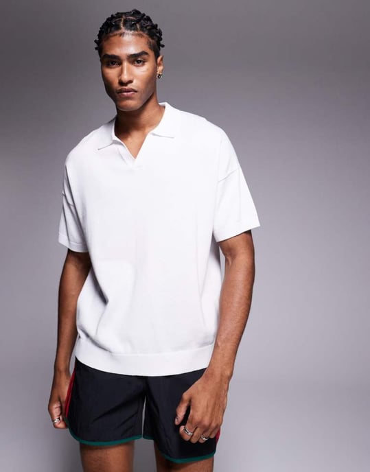 ASOS DESIGN relaxed knitted midweight cotton notch neck polo in white - Image 2