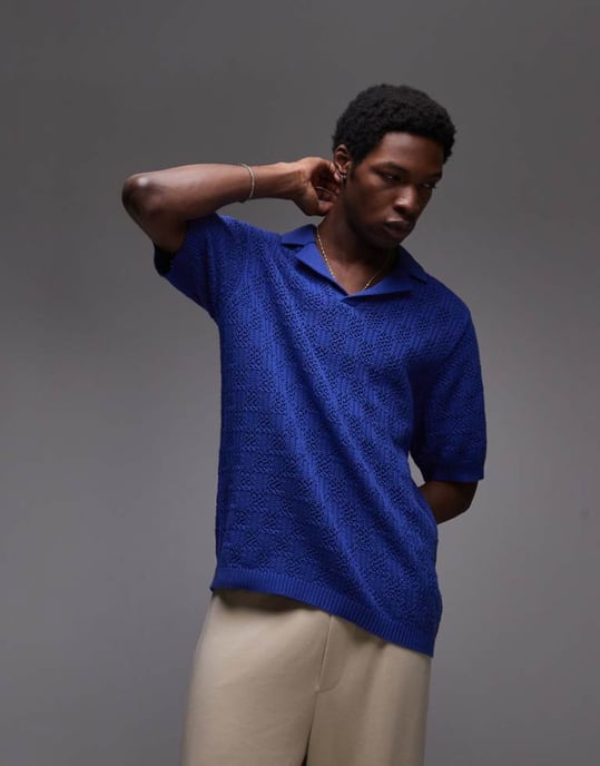 Topman knitted check crochet polo in blue - Image 1