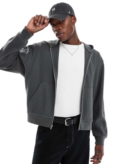 ASOS DESIGN boxy hoodie in waffle texture in grey - Image 1