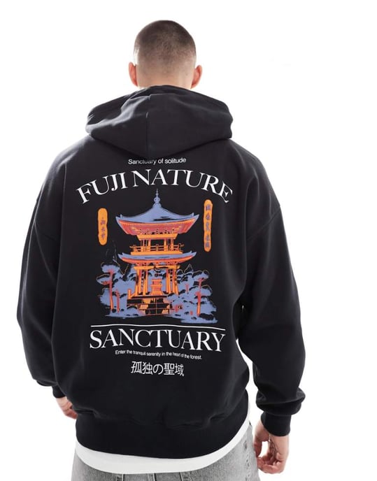 ONLY & SONS oversized hoodie with sanctuary back print in black - Image 1