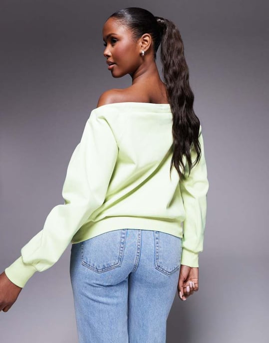 ASOS DESIGN interlock bardot sweatshirt with tie detail in pastel green - Image 3