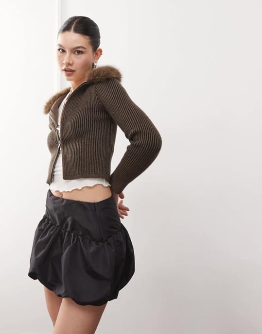 Återvunnen Vintage puffball mini kjol i taffeta i svart - Image 1