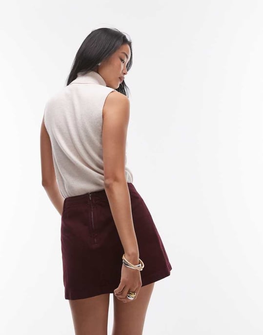 Topshop denim minikjol med boxfald i burgundy - Image 2