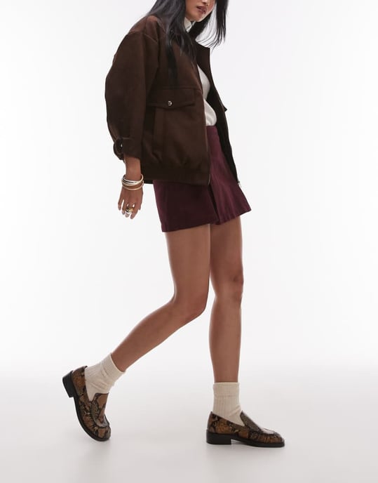 Topshop denim minikjol med boxfald i burgundy - Image 3