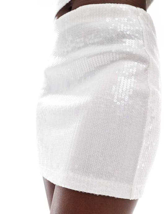 ASOS DESIGN midjehög paljettkort kjol i krämfärg - Image 3