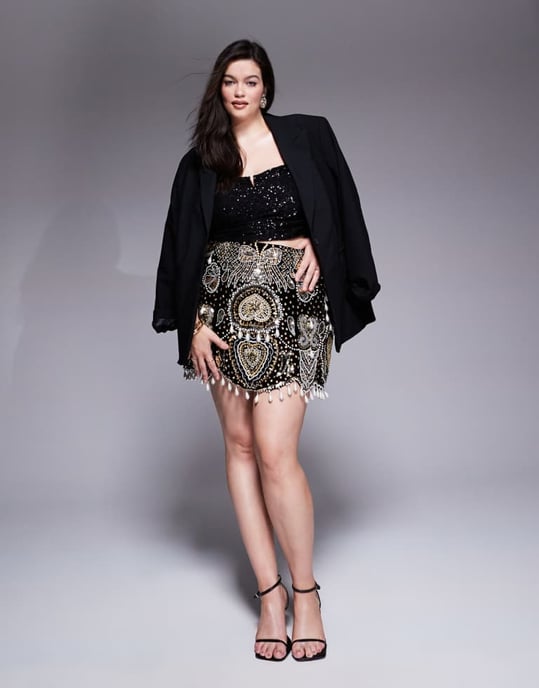 ASOS LUXE Curve juvelprydd sammetskort kjol med hängepärlor i svart - Image 3