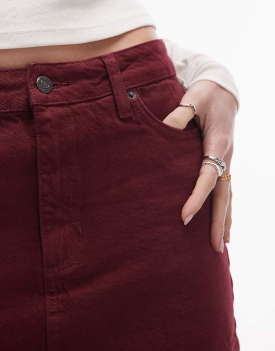 Topshop denim mini plisserad kjol i burgundy - Image 4