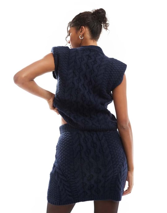 ASOS DESIGN knitted cable mini skirt co ord in navy - Image 2