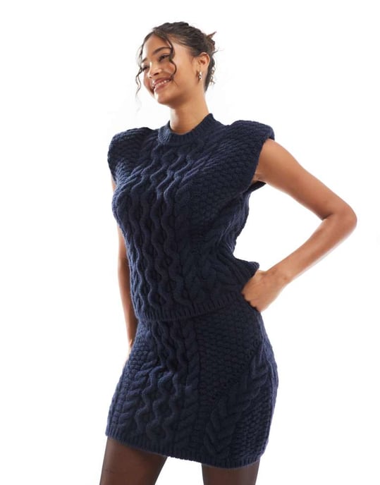 ASOS DESIGN knitted cable mini skirt co ord in navy - Image 3