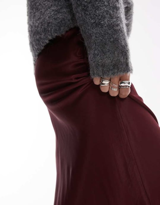Topshop satin snedskuren midikjol i burgundy - Image 3