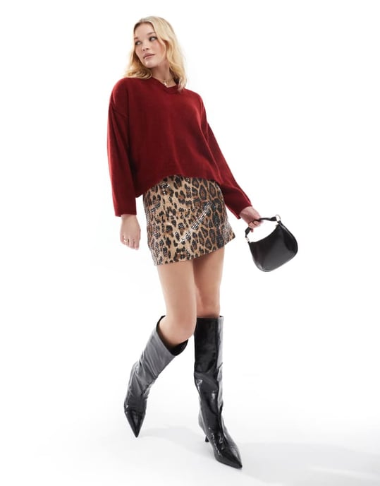 Sliten leopardmönstrad paljetts mini kjol - Image 2