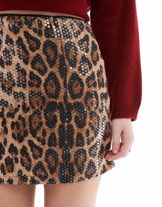 Sliten leopardmönstrad paljetts mini kjol - Image 3