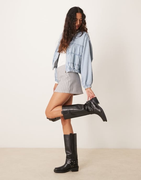 ASOS DESIGN denim mikro mini kjol i kolgrått randigt mönster - Image 4